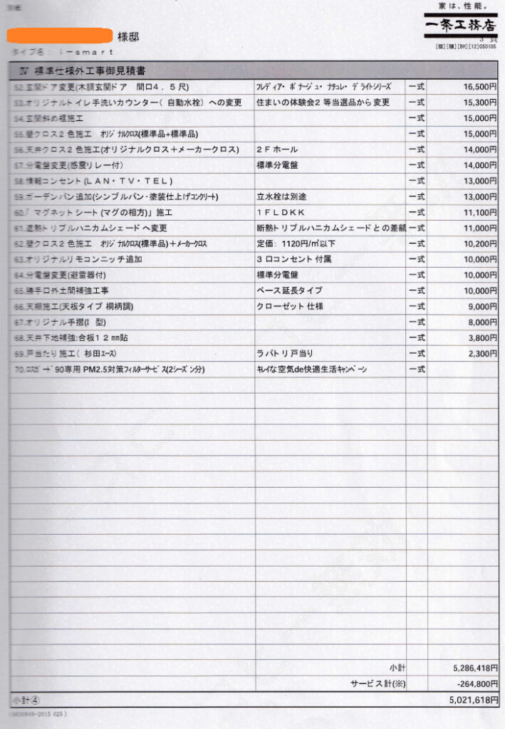 一条工務店見積もり書