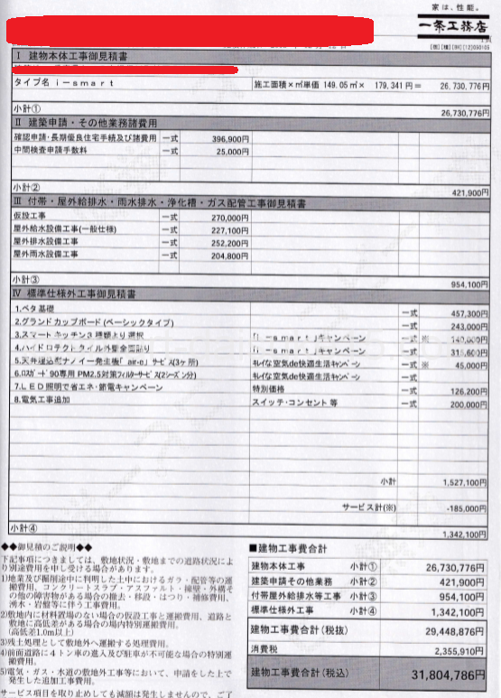 注文住宅(一条工務店)の見積もり書